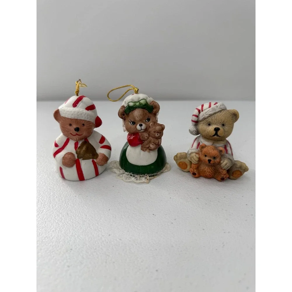 Giftco Vintage Christmas Bear Bell Ornaments Figurine Ceramic 1988 Set of 3 Red